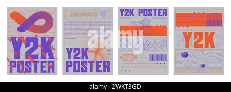 Set of retro futuristic vibe banners. Vector realistic illustration of y2k aesthetic posters with orange and purple color background, text borders, st Stock Vector