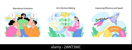 Decision making set. Examining alternatives, leveraging AI and enhancing efficiency. Characters depict swift and modern decision processes. Using technologies to make choice. Flat vector illustration Stock Vector
