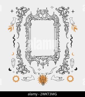 Hand drawn vector abstract outline,graphic,line vintage baroque ornament floral frame in calligraphic elegant modern style.Baroque floral vintage Stock Vector