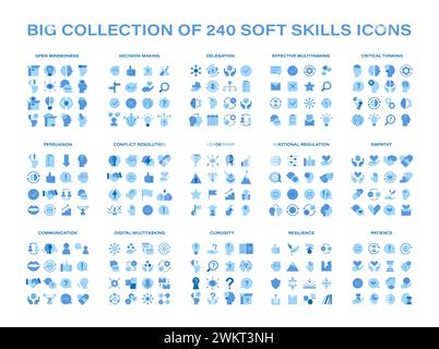 Soft Skills set. Enhance essential interpersonal abilities with icons of critical thinking, leadership, and more. Cultivate professional excellence and personal growth. Flat vector illustration. Stock Vector