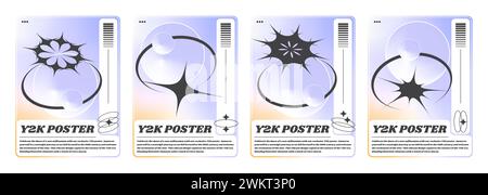 Y2k aesthetic banners set with abstract black signs on yellow and blue gradient background. Vector illustration of retrowave style posters, retro futu Stock Vector