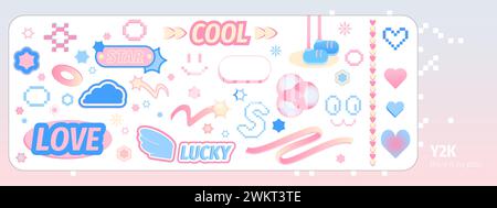 Y2k style stickers set isolated on white background. Vector illustration of pink, blue, yellow love, cool, lucky, star patches, pixel heart, flower, e Stock Vector