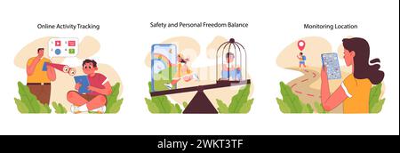 Parental control set. Tracking online activities, balancing freedom with safety, and real-time location monitoring for child protection. Technologies assistance in parenting. Flat vector illustration Stock Vector