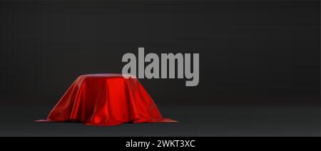 Round podium covered with red fabric curtain with folds and wrinkles. Realistic vector illustration of platform or product stand under silk cloth drap Stock Vector
