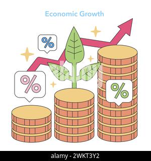 Economic Growth concept. Prosperity visualized with rising graphs, growing plants, and stacked coins. Financial success and investment returns. Flat vector illustration. Stock Vector