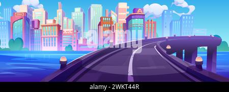 Viaduct bridge with road over river leading to modern city with multistorey buildings. Cartoon vector illustration of urban metropolis landscape with Stock Vector