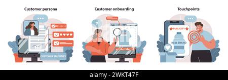 Customer Journey set. Insightful illustrations on persona building, efficient onboarding, and creating touchpoints. Captures essential marketing strategies. Flat vector illustration. Stock Vector