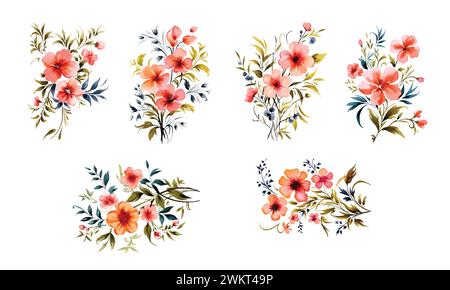 Watercolor painting set of orange wildflowers branches on white background, vector illustration Stock Vector