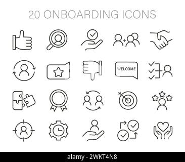 Onboarding icons set. Icons depicting key steps in welcoming and integrating new members. Guidance, support, evaluation, and success in a nurturing environment. Flat vector illustration. Stock Vector