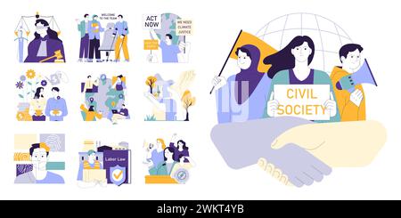 Social equity set. Civil society teamwork, environmental activism, and community engagement for better future and equal opportunities. Diversity and inclusion. Flat vector illustration Stock Vector