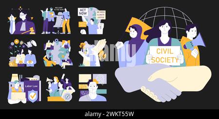 Social equity dark or night mode set. Civil society teamwork, environmental activism, and community engagement for better and equal future. Diversity and inclusion. Flat vector illustration Stock Vector