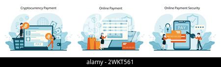 Payment Methods set. Showcasing cryptocurrency transactions, online purchases, and security features. Embracing the digital age of finance. Flat vector illustration Stock Vector