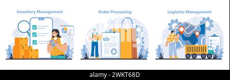 Logistics and Inventory Management set. Detailed depiction of inventory checks, order fulfillment, and strategic logistics planning. Integrates technology in material handling and data management. Stock Vector
