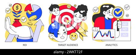 Advertising analysis set. Maximizing ROI, targeting the right audience, and measuring ad performance. Keys to successful marketing depicted. Flat vector illustration. Stock Vector