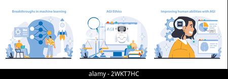 AGI set. Machine learning breakthroughs, ethical AI use, and enhanced human cognitive abilities. Pioneering AI's ethical and intellectual advancements. Flat vector illustration. Stock Vector