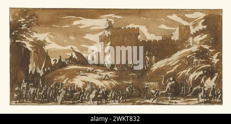 An Army Leaving a Castle; Jacques Callot (French, 1592 - 1635); France; about 1632; Brush and brown wash over black chalk; 10.2 × 21.7 cm (4 × 8 9/16 in.); 85.GG.294 Stock Photo