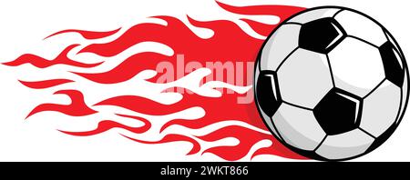 Football ball flies and leaves trail of fire behind it. Vector soccer ball on transparent background Stock Vector