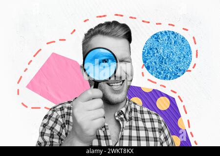 Composite graphics collage image of young male researcher hold magnifier analyze examine sample material discover isolated on white color background Stock Photo
