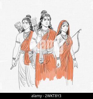 Illustration of Hindu Lord Shri Rama with his wife Mata Sita and brother Laxman on shiny background. Shree Ram Navmi Stock Photo