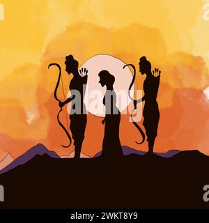 Illustration of Hindu Lord Shri Rama with his wife Mata Sita and brother Laxman on shiny background. Shree Ram Navmi Stock Photo