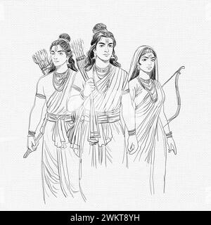 Illustration of Hindu Lord Shri Rama with his wife Mata Sita and brother Laxman on shiny background. Shree Ram Navmi Stock Photo