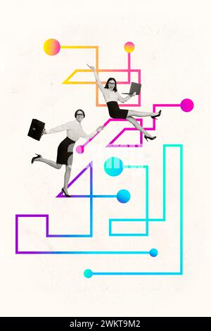 Technological collage illustration of two young business ladies engineering specialist working in industry over motherboard background Stock Photo