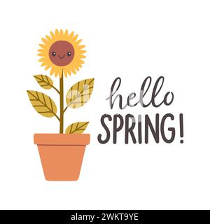 Hello spring quotes. Floral springtime hand drawn prints design. Positive phrases for stickers, postcards or posters Stock Vector