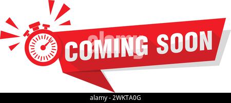Modern red vector banner ribbon coming soon with stopwatch. Vector on transparent background Stock Vector