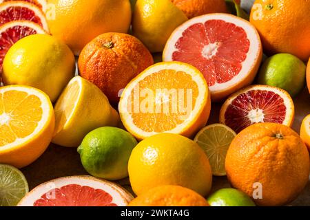 Organic Raw Assorted Citrus Fruit with Limes Lemons Grapefruit and Oranges Stock Photo