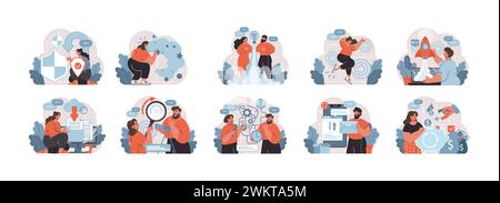 Dynamic workplace set. A suite of illustrations showcasing business professionals in scenarios ranging from cybersecurity to innovative startup launches and financial management. Flat vector. Stock Vector