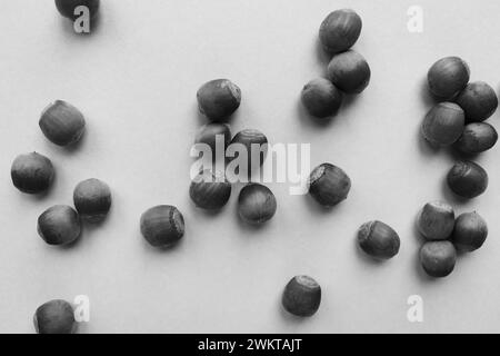 Heap of hazelnuts, black and white. Group of nuts, monochrome. Healthy food. Natural source of energy. Organic fat. Raw food concept. Vegetarian snack Stock Photo