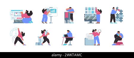 Office dynamics set. Data analysis, strategic planning, and collaborative teamwork in a corporate environment. Flat vector illustration. Stock Vector