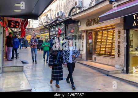 February 22, 2024: Istanbul, Turkey, February 22, 2024: People shopping in the historical Grand Bazaar and its surroundings in the country where high inflation continues before the interest rate decision. The Central Bank of the Republic of TÃ¼rkiye announced its interest rate decision. In February, it kept the policy rate constant at 45 percent, in line with expectations. (Credit Image: © Tolga Ildun/ZUMA Press Wire) EDITORIAL USAGE ONLY! Not for Commercial USAGE! Stock Photo