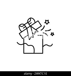 Open gift box icon. Present with ribbon bow and stars simple illustration in line style. Stock Vector