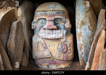 Ancient statue in San Agustin, Colombia at El Purutal with original paint Stock Photo