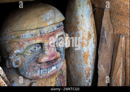 Closeup view of ancient statue in San Agustin, Colombia with original coloring Stock Photo