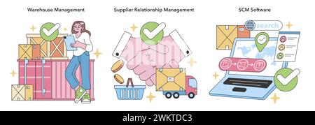 Integrated supply chain network set. Dynamic warehouse management, fostering robust supplier partnerships, advanced SCM software for real-time logistics. Systematic coordination for business agility. Stock Vector