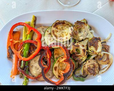 Roasted vegetables dish in a restaurant, real life serving, Guadalest, Spain Stock Photo