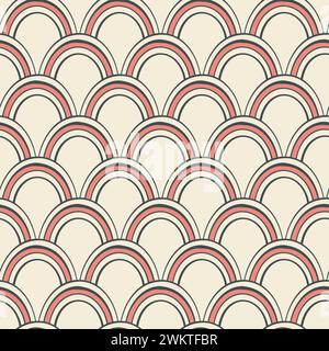 Half circle abstract modern seamless pattern. Geometrical grid. Hand drawn ink brush line strokes. Black white, red colours palette. Web vintage Stock Vector