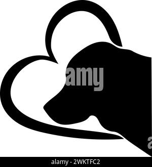 silhouette of a golden retriever dog head with heart, in black, isolated Stock Vector