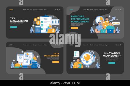 Comprehensive operational processes and technologies set. Expertise in tax, employee performance, data, and innovation management. Strategic business solutions. Flat vector illustration. Stock Vector