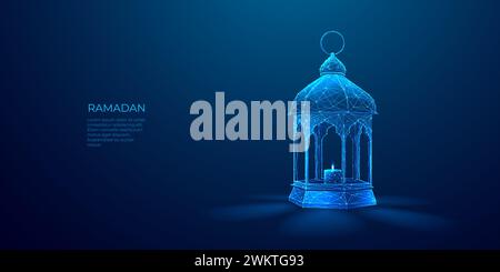 Ramadan lantern in futuristic technology style on dark blue background Stock Vector