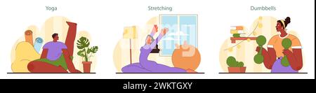Home Workout set. Detailed illustrations of yoga, stretching, and dumbbell exercises for fitness enthusiasts. Ideal for indoor fitness inspiration. Flat vector illustration. Stock Vector