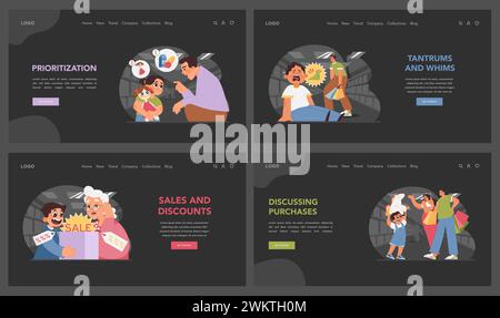 Shopping with kids set. Grandparents reviewing grandson wishlist, childs public outburst, dad teaching shopping priorities. Emotional learning, needs versus wants. Flat vector illustration Stock Vector