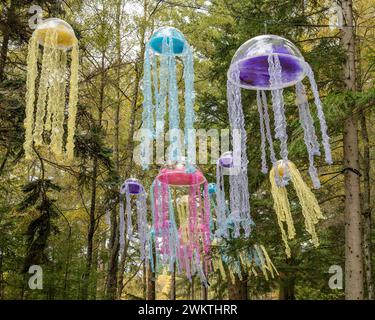 Decorations for the 'Enchanted  Wood' light show in Faskally wood, near Pitlochry, Scotland. Stock Photo