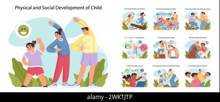 Physical and social development of child concept set. Children engaging in exercises, emotional learning, and social activities promoting comprehensive growth. Flat vector illustration Stock Vector