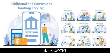 Additional and convenient banking services set. Seamless digital transactions and personalized finance solutions. Online banking, loan management, and estate planning tools. Flat vector illustration. Stock Vector