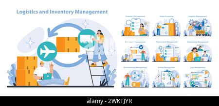 Logistics and Inventory Management set. Streamlining supply chain efficiency with comprehensive operational solutions. Detailed scenes of procurement, warehouse, and environmental oversight. Stock Vector