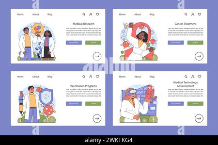 Medical web or landing set. Scientists in medical research, patients receiving cancer treatment, advancements in medical technology, and efficient vaccination programs. Flat vector illustration. Stock Vector