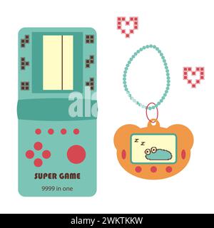 Set of electronic toys from the 90s. Portable Tetris console, Tamagotchi. Vector illustration on a white background. Stock Vector